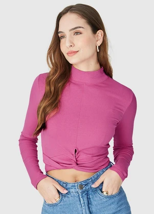 Malwee - Blusa Cropped Canelada com Torção Rosa - MALWEE