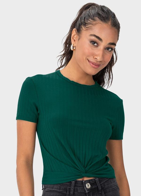 Malwee - Blusa Cropped Canelada com Torção Verde