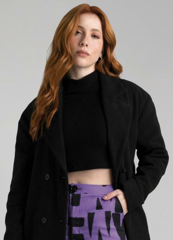 Enfim - Blusa Cropped Canelada Gola Alta Preto