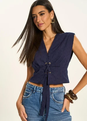 Doce Trama - Blusa Cropped com Amarração Frontal Azul - DOCE TRAMA