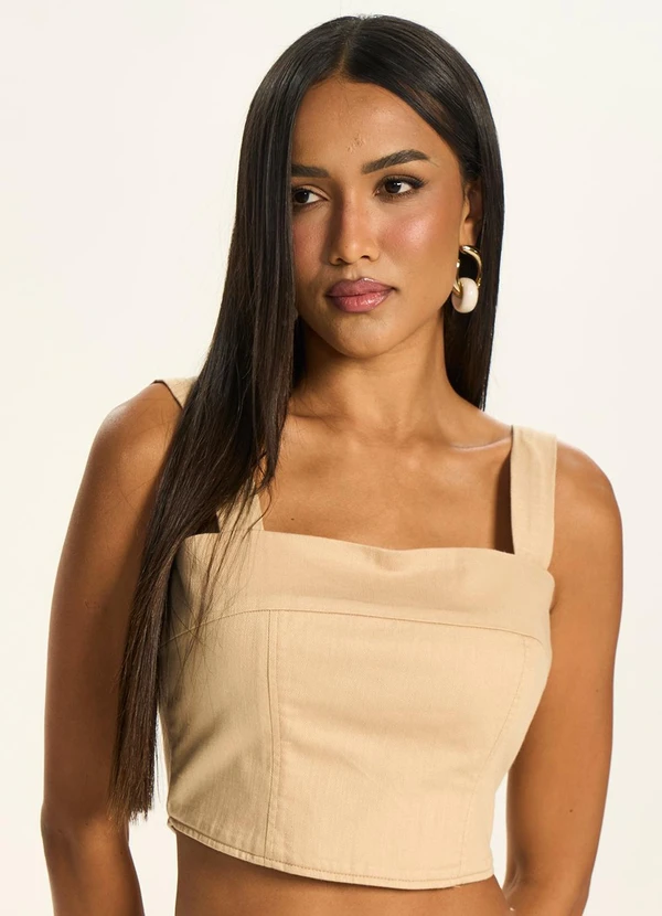 Doce Trama - Blusa Cropped com Decote Reto Bege
