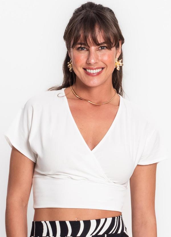 Rovitex - Blusa Cropped com Decote V Malha Delicate Bege