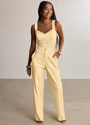 Lunender - Blusa Cropped de Alças com Linho Amarelo - LUNENDER