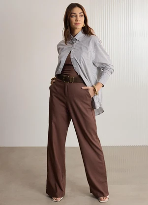 Lunender - Blusa Cropped de Alças com Linho Marrom - LUNENDER