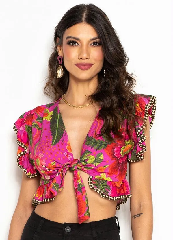 Farm - Blusa Cropped de Amarração Florescer Rosa