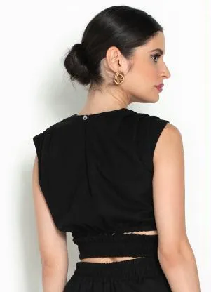 Farm - Blusa Cropped de Linho Pregas Argola Preto - FARM