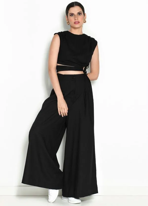 Farm - Blusa Cropped de Linho Pregas Argola Preto 3