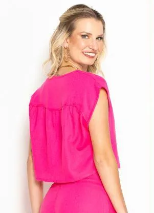 Maria Filó - Blusa Cropped de Linho Vivo Franzido Rosa - MARIA FILÓ