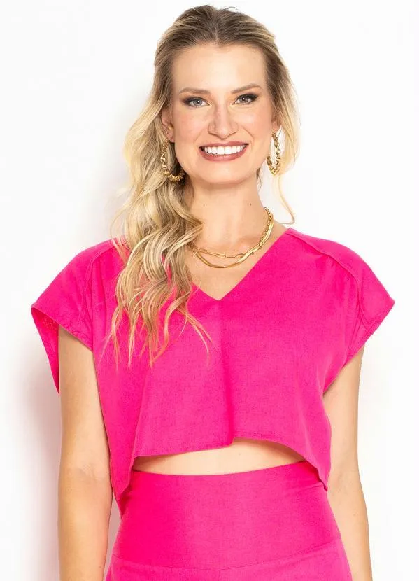 Maria Filó Blusa Cropped de Linho Vivo Franzido Rosa