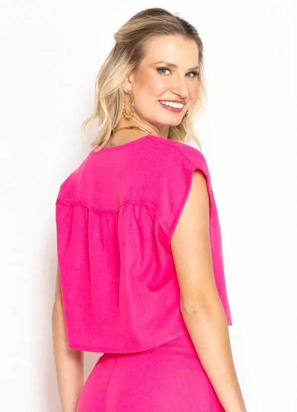 Maria Filó - Blusa Cropped de Linho Vivo Franzido Rosa 2