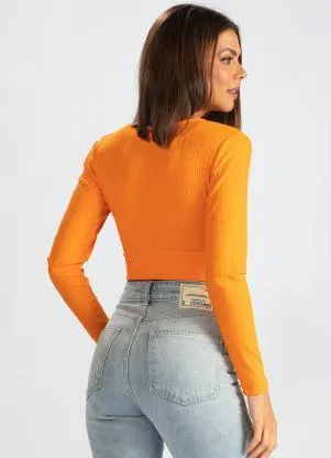 Colcci - Blusa Cropped de Malha Canelada Laranja - COLCCI