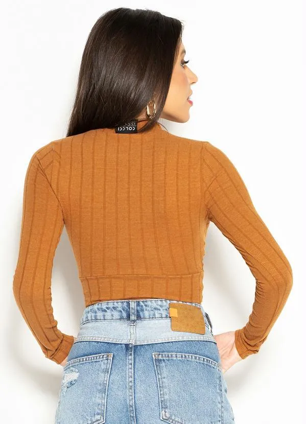Colcci Blusa Cropped de Malha Canelada Marrom