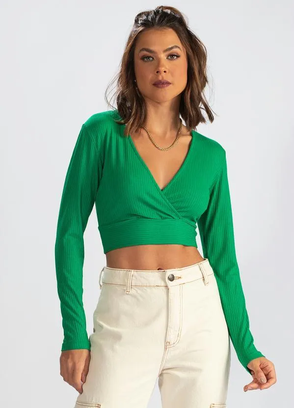 Blusa Cropped de Malha Canelada Verde Colcci