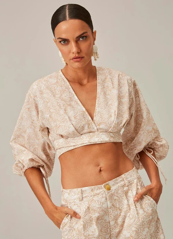 Lança Perfume - Blusa Cropped de Tricoline com Bordado Bege