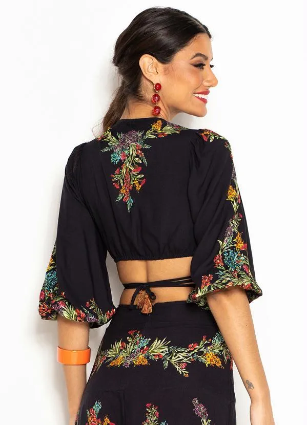 Farm - Blusa Cropped de Viscose Louise Floral Preto 2