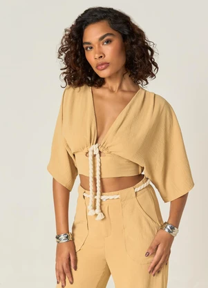Elegance - Blusa Cropped Decote Profundo com Ajuste Bege - ELEGANCE