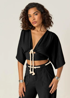 Elegance - Blusa Cropped Decote Profundo com Ajuste Preto - ELEGANCE