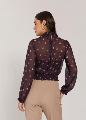 Sofie - Blusa Cropped em Chiffon Estampado Preto - SOFIE