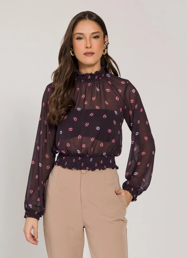 Sofie - Blusa Cropped em Chiffon Estampado Preto