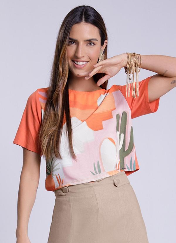 Lunender - Blusa Cropped em Malha e Tecido Laranja
