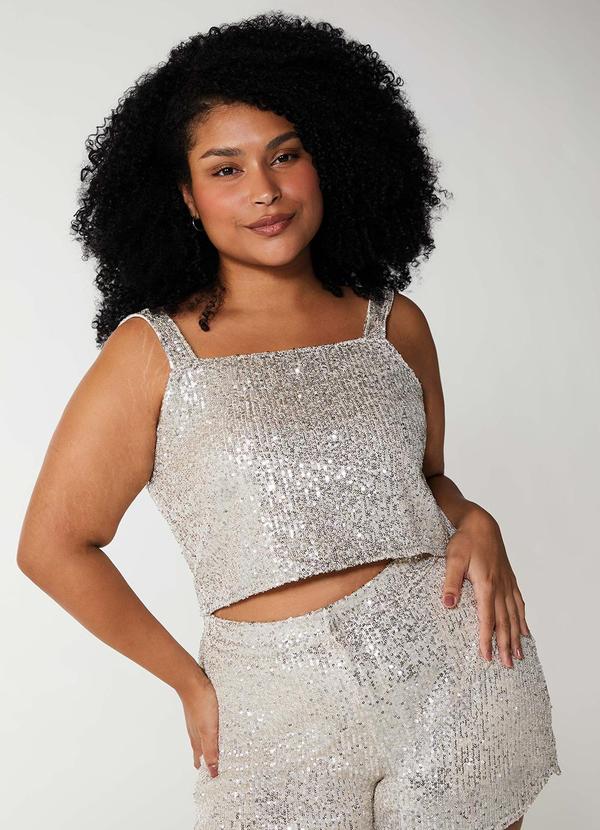 Enfim - Blusa Cropped em Paetê Feminina Taupe