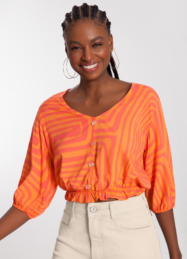 Lunender - Blusa Cropped em Viscose com Elástico Laranja