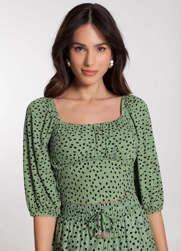 Lunender - Blusa Cropped Estampada com Franzido Busto Verde