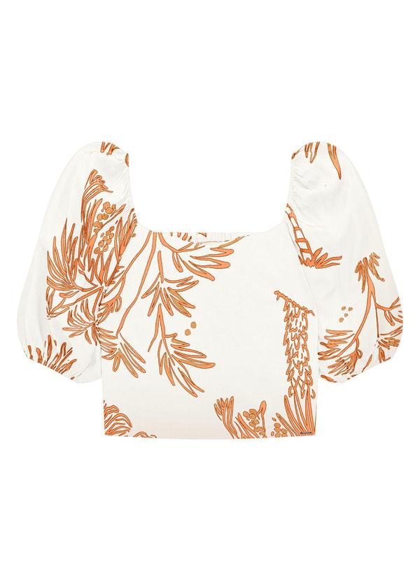 Lunender - Blusa Cropped Estampada com Manga Bufante Bege