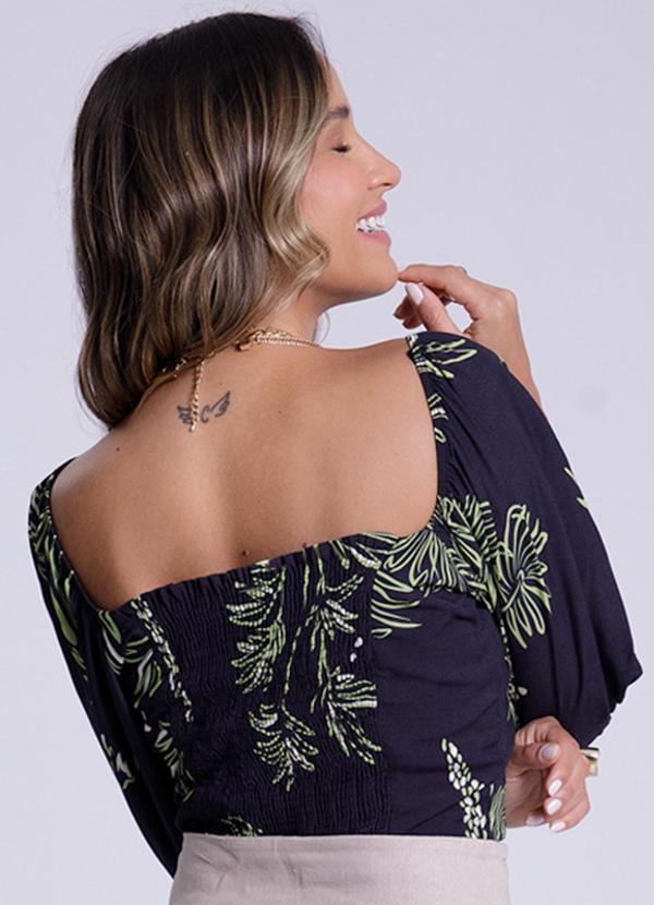 Lunender - Blusa Cropped Estampada com Manga Bufante Preto 2