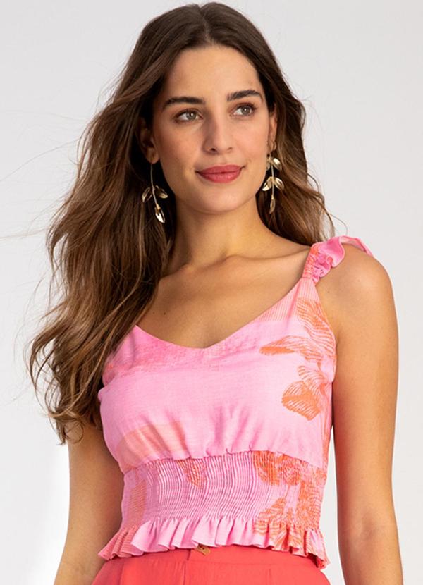 Lunender - Blusa Cropped Estampada em Viscose Lastex Rosa