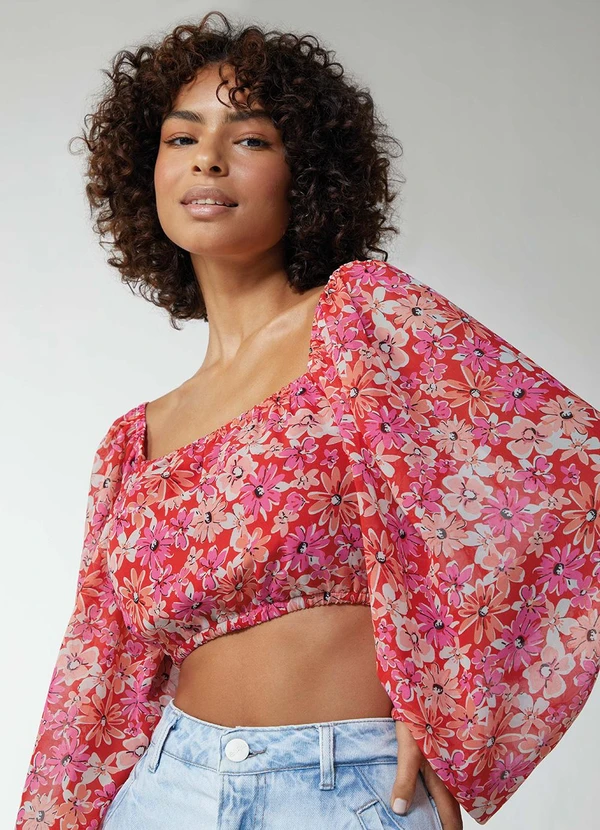 Enfim - Blusa Cropped Floral Feminina Vermelho