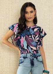 Blusa Cropped Folhagem Tropical com Babado
