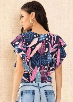 Quintess - Blusa Cropped Folhagem Tropical com Babado - QUINTESS