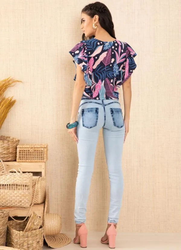 Quintess - Blusa Cropped Folhagem Tropical com Babado 4