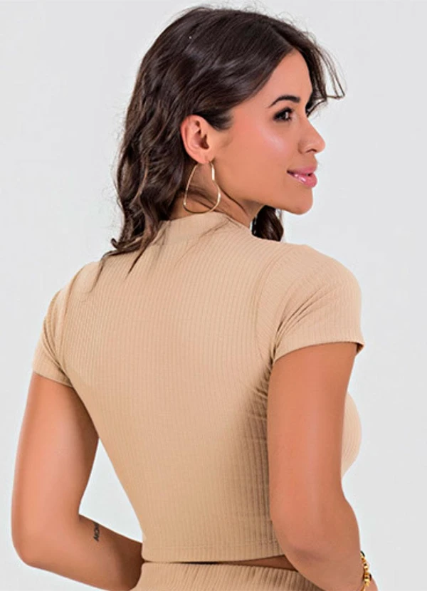 Meu Jeans - Blusa Cropped Gola Alta Canelada Cappuccino 2