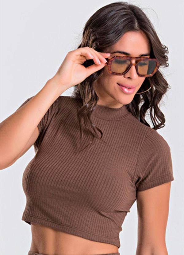 Meu Jeans - Blusa Cropped Gola Alta Canelada Marrom 4