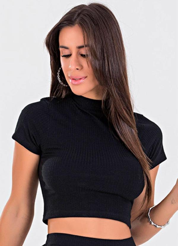 Meu Jeans - Blusa Cropped Gola Alta Canelada Preto
