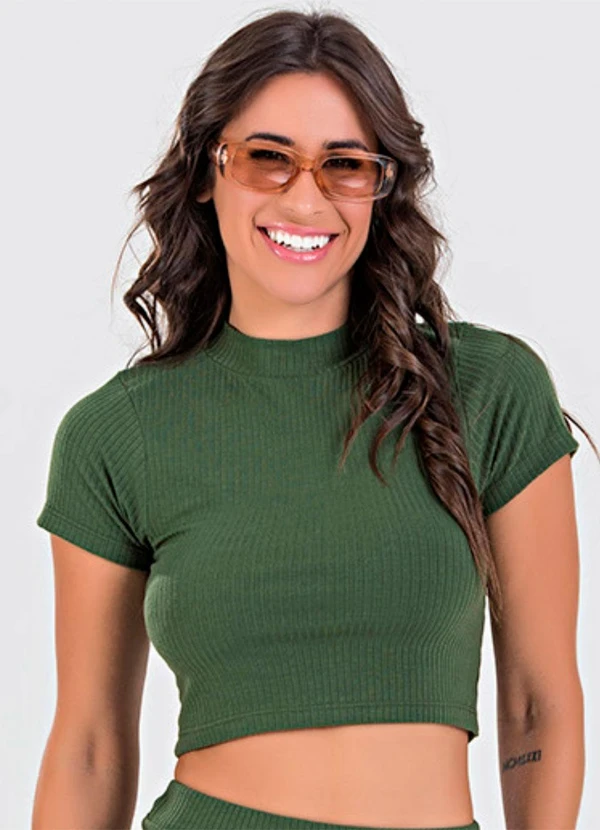 Meu Jeans - Blusa Cropped Gola Alta Canelada Verde Militar 1