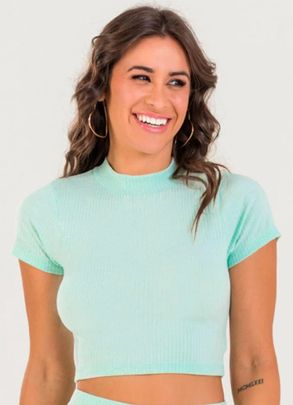 Meu Jeans - Blusa Cropped Gola Alta Canelada Verde Sea 1