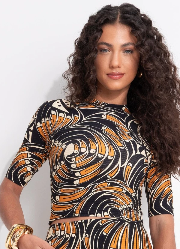 Farm - Blusa Cropped Leque de Tucano Preto