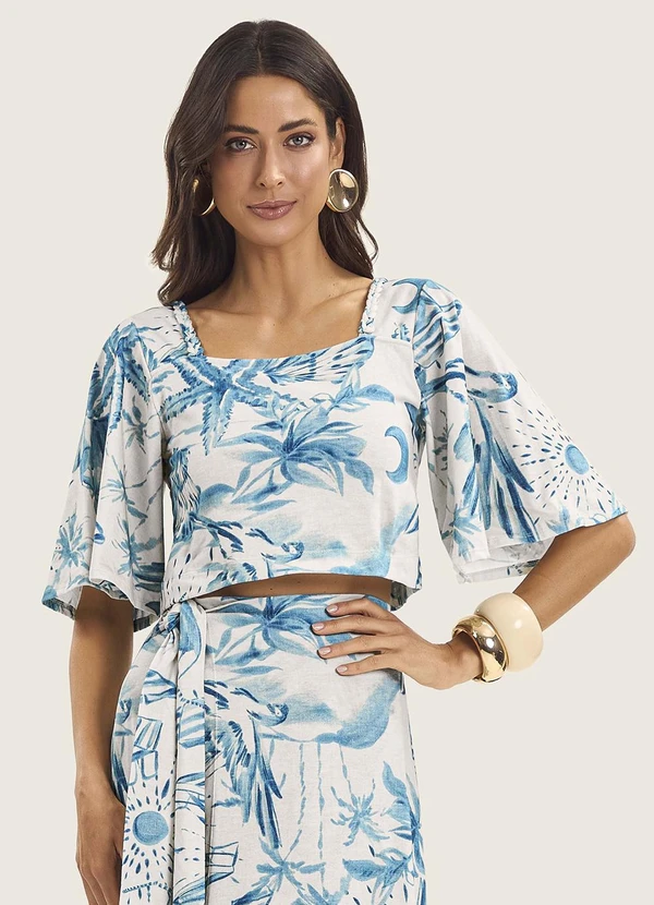 Endless - Blusa Cropped Manga Ampla em Meia Malha Azul