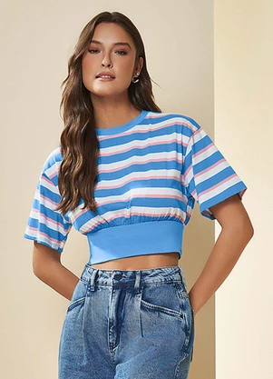 Doce Trama - Blusa Cropped Manga Curta Listrado - DOCE TRAMA