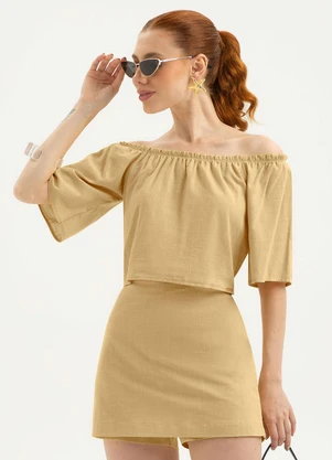 Cativa - Blusa Cropped Ombro a Ombro em Algodão Bege - CATIVA