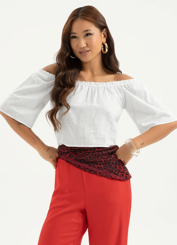 Cativa - Blusa Cropped Ombro a Ombro em Algodão Branco 