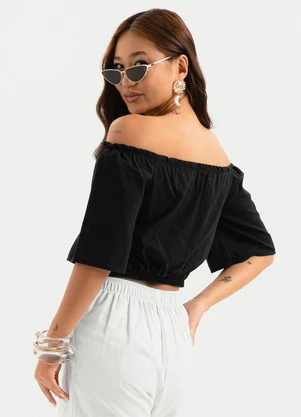 Cativa - Blusa Cropped Ombro a Ombro em Algodão Preto - CATIVA