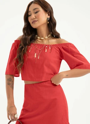 Cativa - Blusa Cropped Ombro a Ombro em Algodão Vermelho - CATIVA