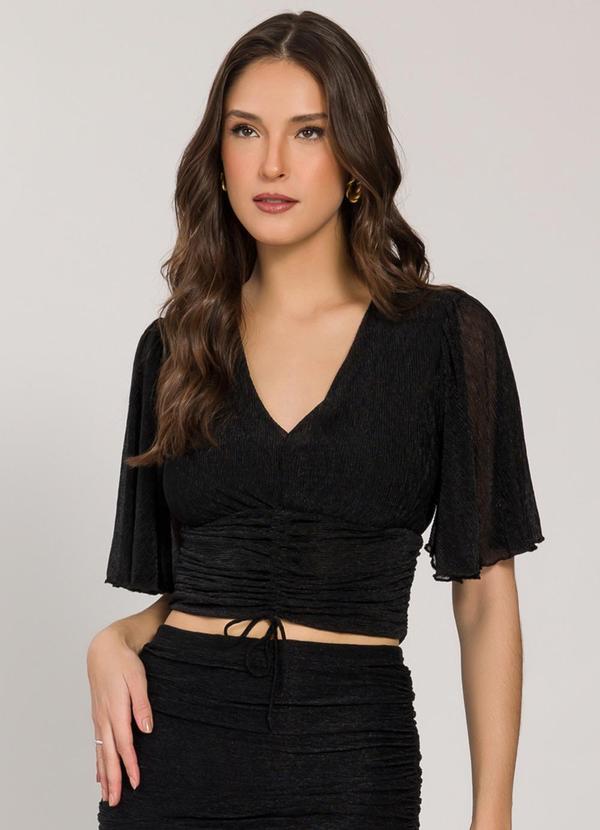 Sofie - Blusa Cropped Plissada com Amarração Preto