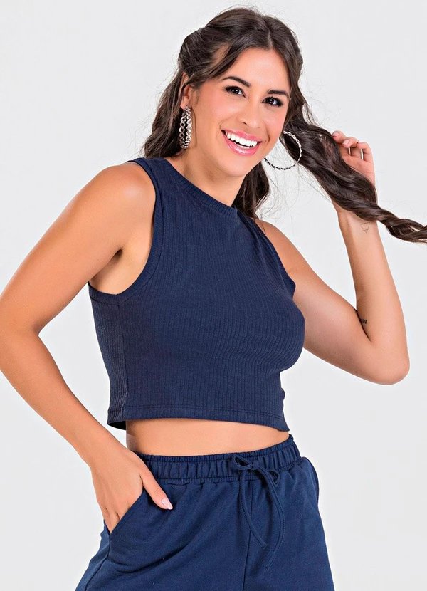 Meu Jeans - Blusa Cropped Regata Canelada Azul Marinho 4