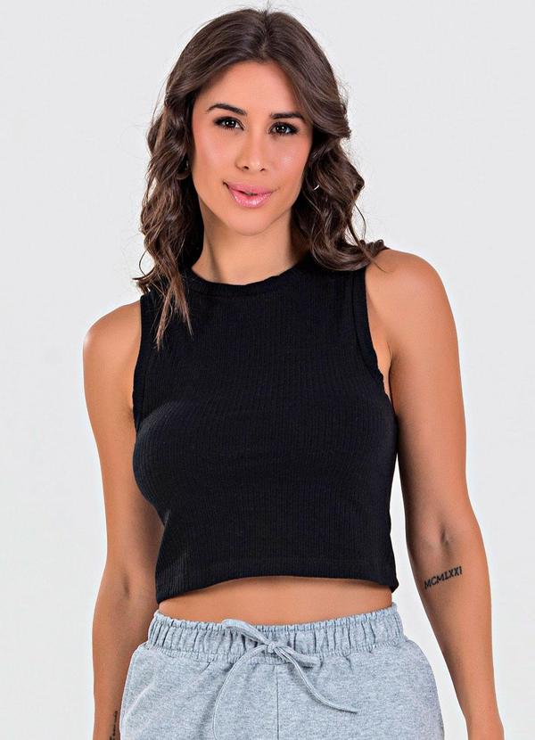 Meu Jeans - Blusa Cropped Regata Canelada Preto