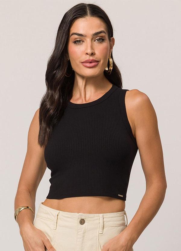 Doce Trama - Blusa Cropped sem Manga em Ribana Casual Preto